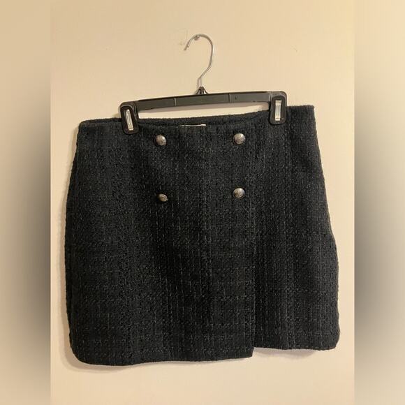 LOFT Tweed Button Wrap Skirt Womens‎ 10 Black New Career Preppy Secretary - Picture 2 of 10